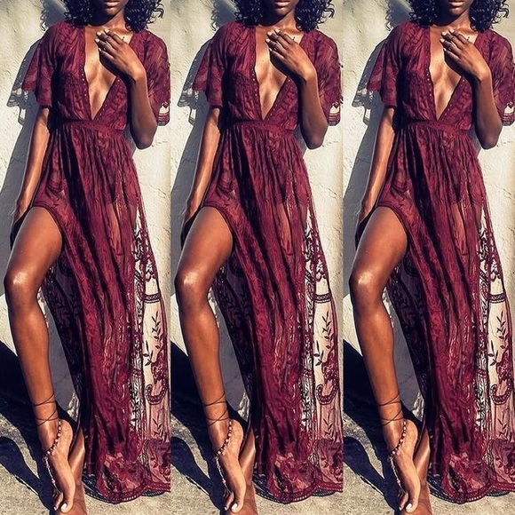 HAILEY SEXY DEEP V DRESS. DEEP BURGUNDY - Picture 2 of 5